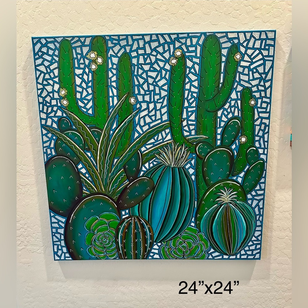 Prickly Paradise Acrylic on 24”x24” Canvas Vibrant Cactus Art